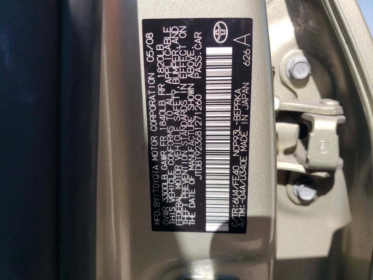 2008 Toyota Yaris VIN: JTDBT923681271260 Lot: 49121355