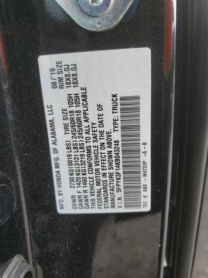 2019 Honda Ridgeline Sport VIN: 5FPYK3F14KB043248 Lot: 50462245