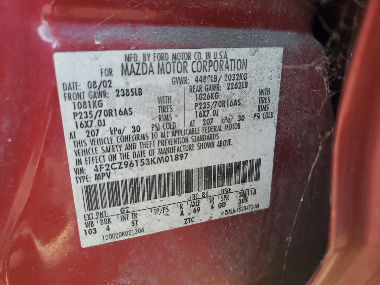 2003 Mazda Tribute Es VIN: 4F2CZ96153KM01897 Lot: 67275775