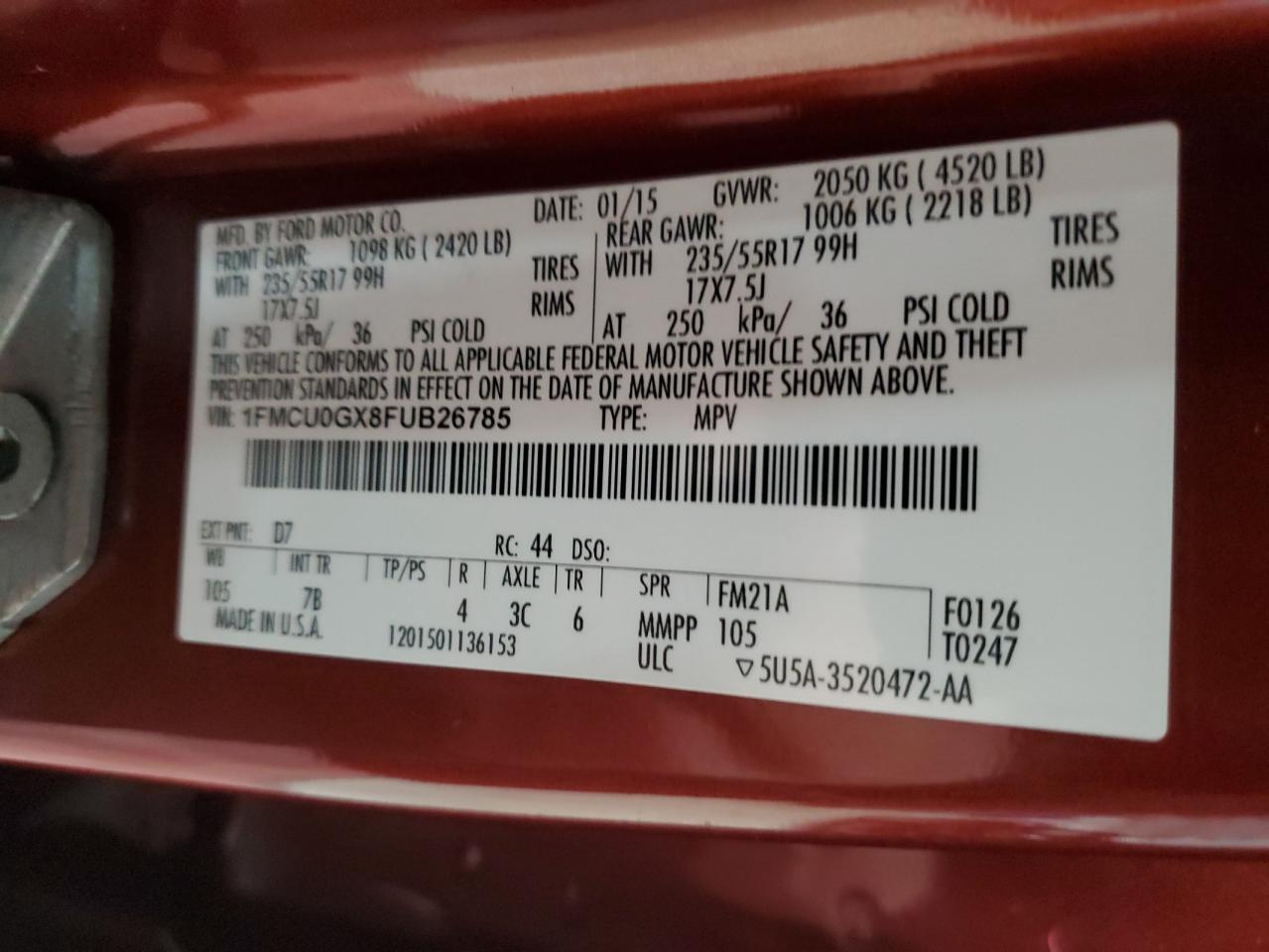 2015 Ford Escape Se VIN: 1FMCU0GX8FUB26785 Lot: 50948425