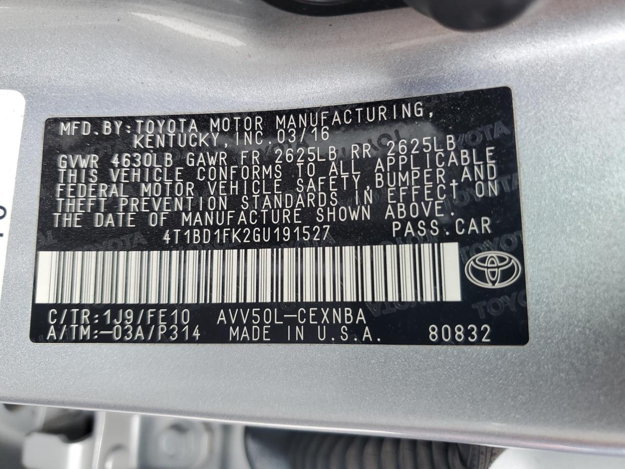 2016 Toyota Camry Hybrid VIN: 4T1BD1FK2GU191527 Lot: 51300495