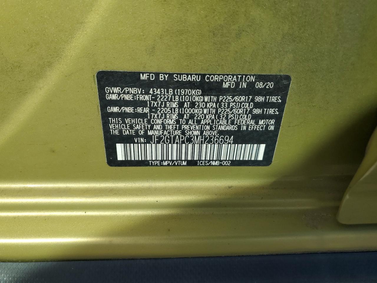 2021 Subaru Crosstrek Premium VIN: JF2GTAPC3MH236694 Lot: 49820015