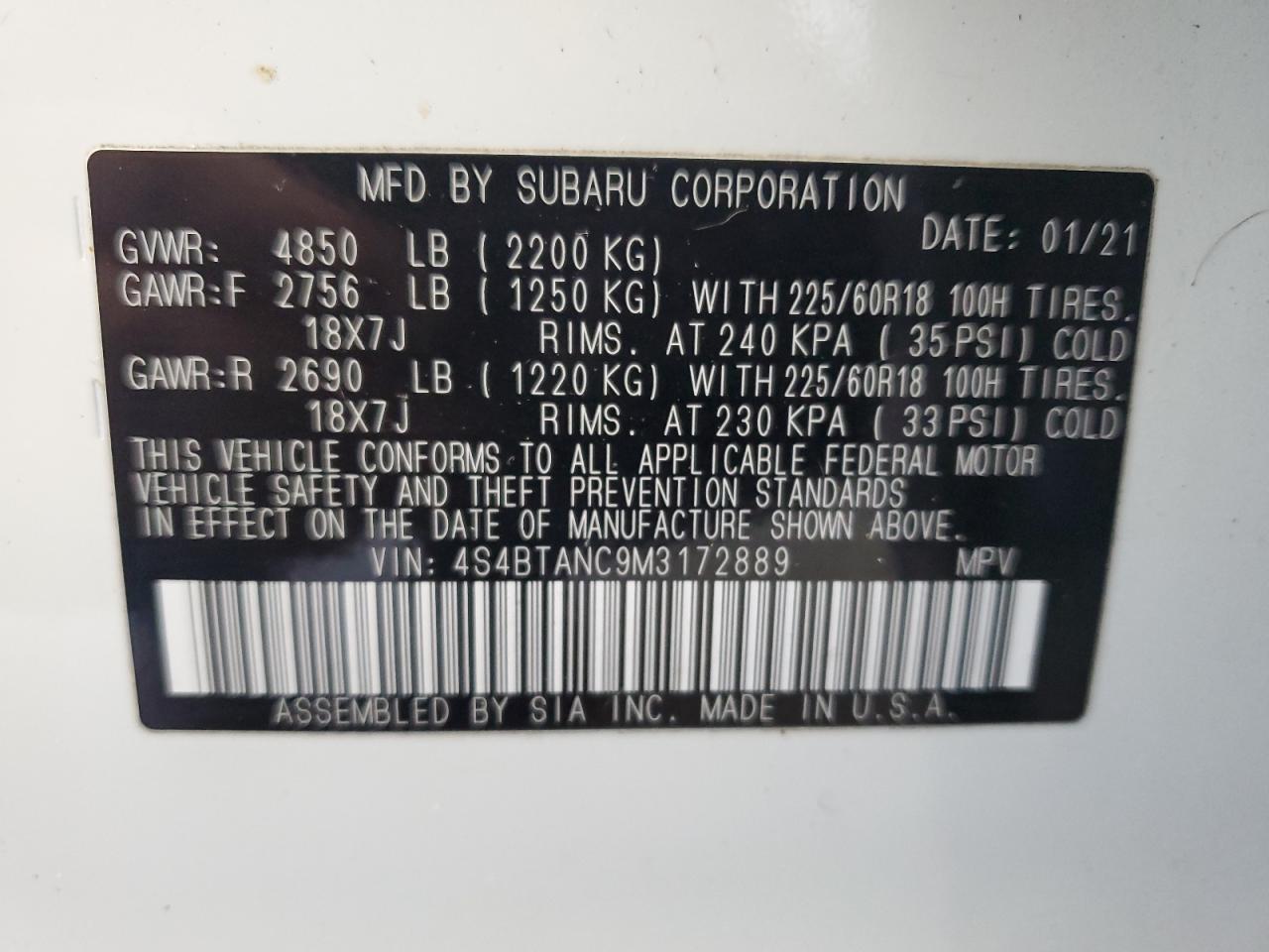 4s4btanc9m3172889 4S4BTANC9M3172889 2021 Subaru Outback Limited