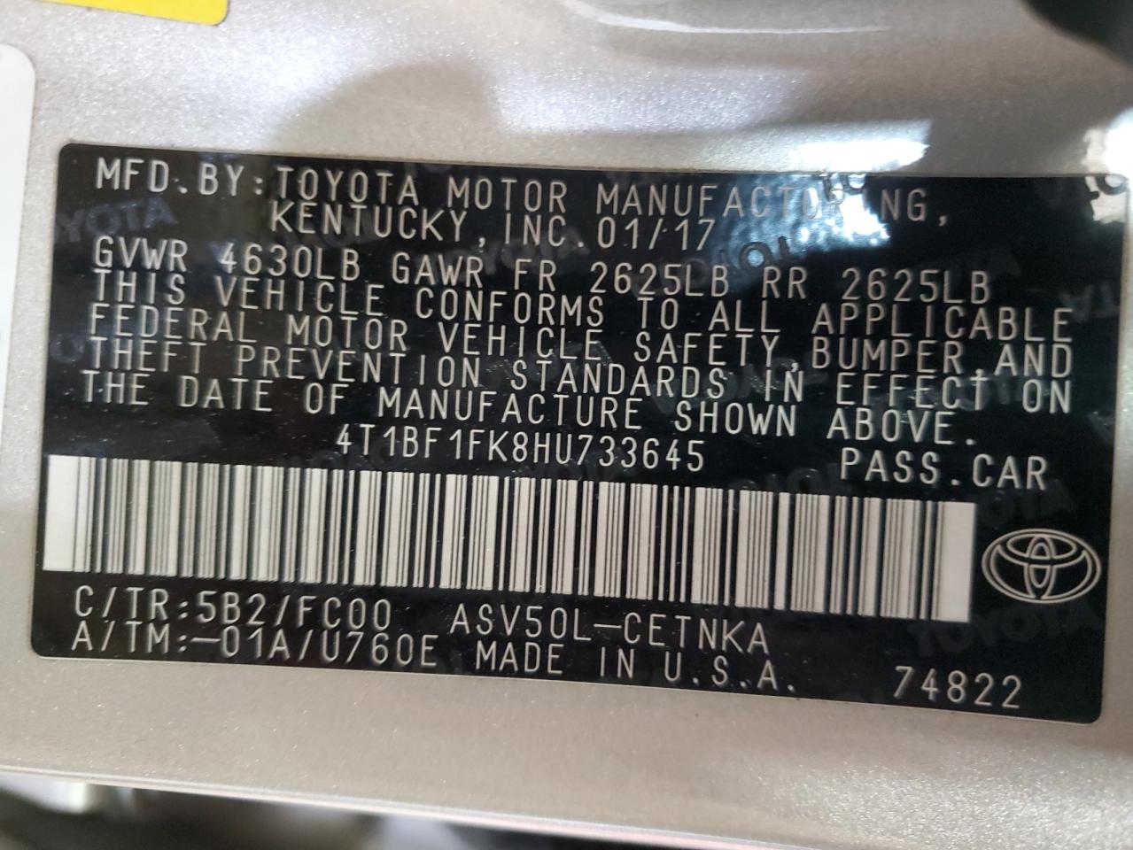 4t1bf1fk8hu733645 4T1BF1FK8HU733645 2017 Toyota Camry Le