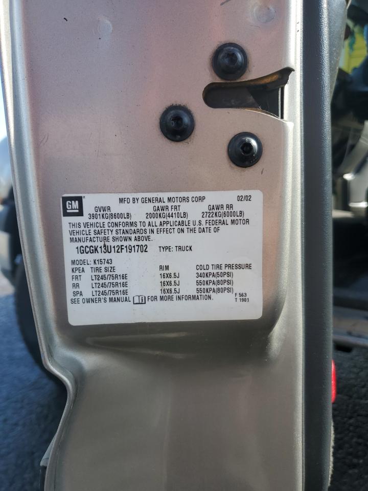 2002 Chevrolet Silverado K1500 Heavy Duty VIN: 1GCGK13U12F191702 Lot: 50338015