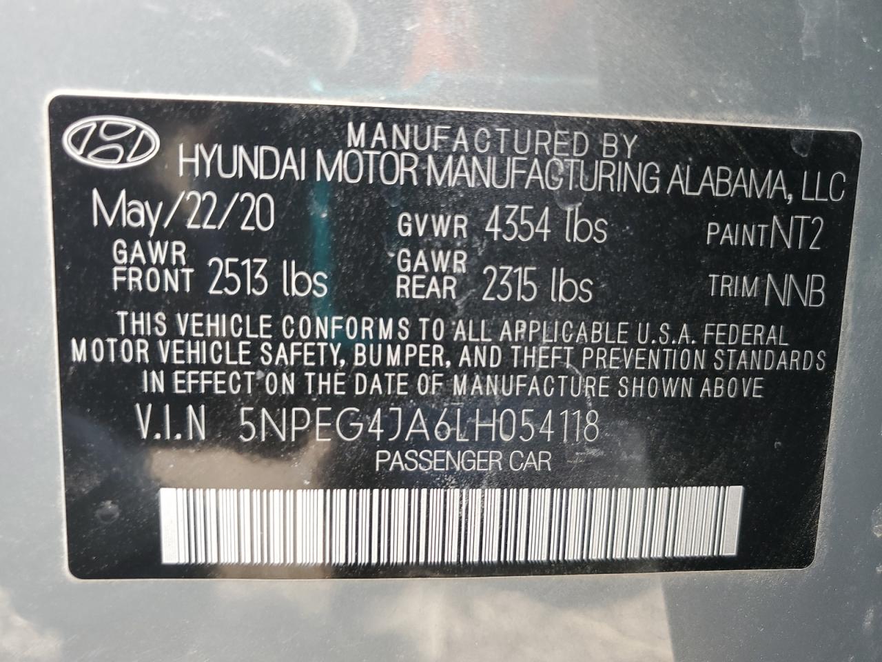 2020 Hyundai Sonata Se VIN: 5NPEG4JA6LH054118 Lot: 50230165