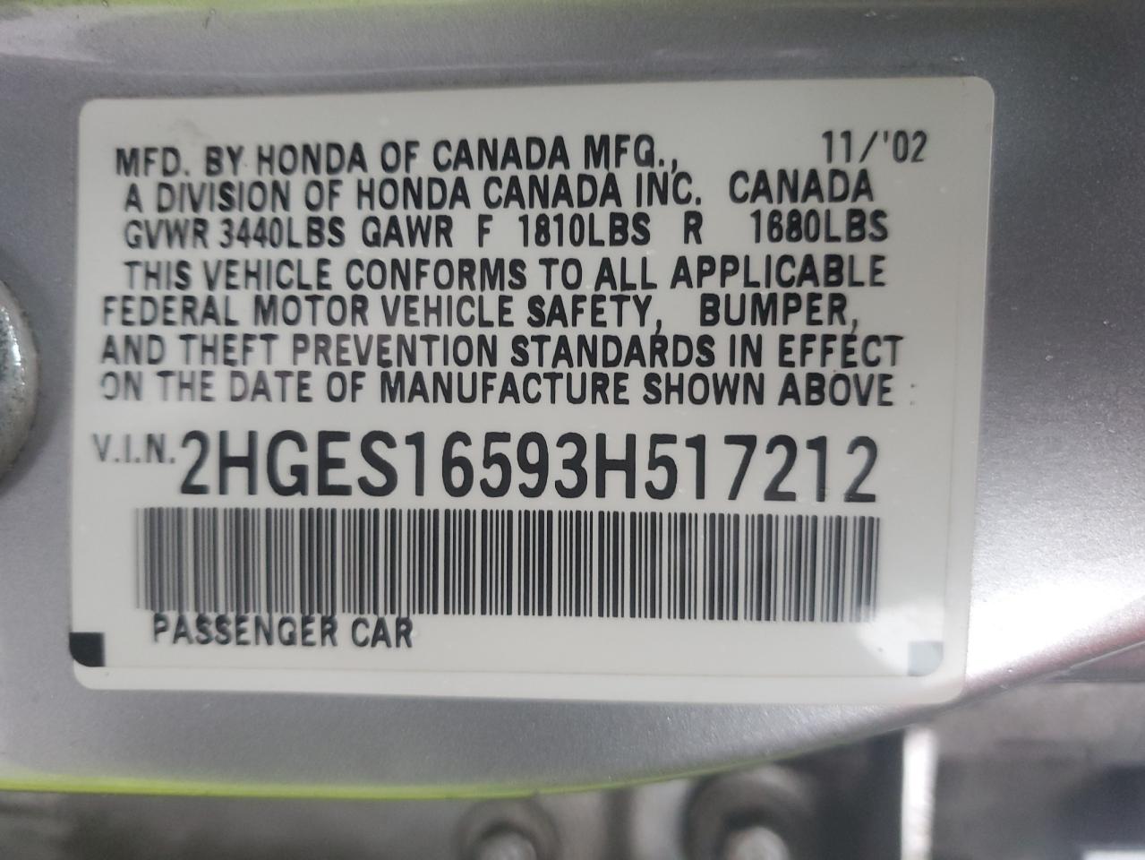2003 Honda Civic Lx VIN: 2HGES16593H517212 Lot: 50229755