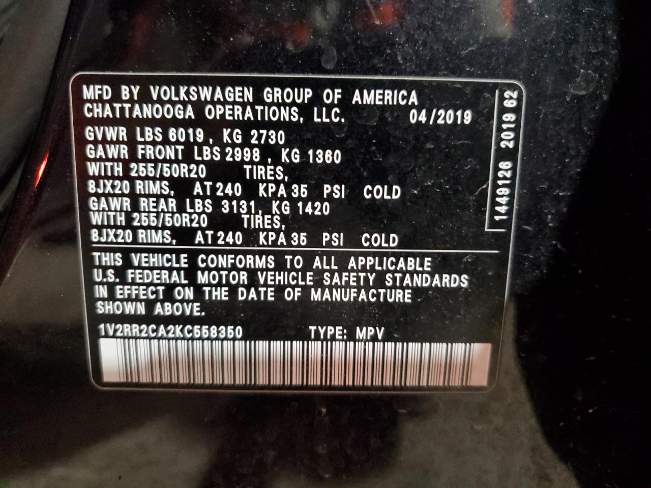 2019 Volkswagen Atlas Sel VIN: 1V2RR2CA2KC558350 Lot: 48490025