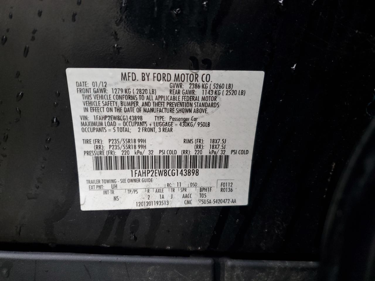 2012 Ford Taurus Sel VIN: 1FAHP2EW8CG143898 Lot: 49337765