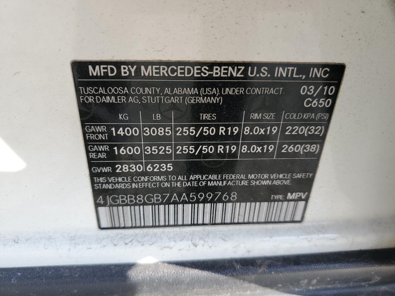 2010 Mercedes-Benz Ml 350 4Matic VIN: 4JGBB8GB7AA599768 Lot: 47862855