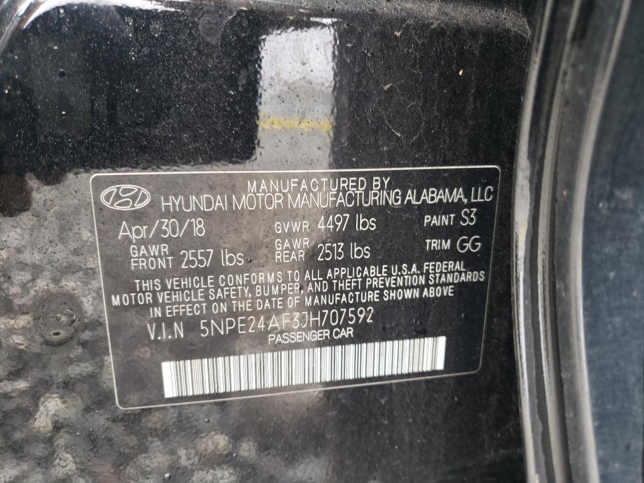 2018 Hyundai Sonata Se VIN: 5NPE24AF3JH707592 Lot: 49901385