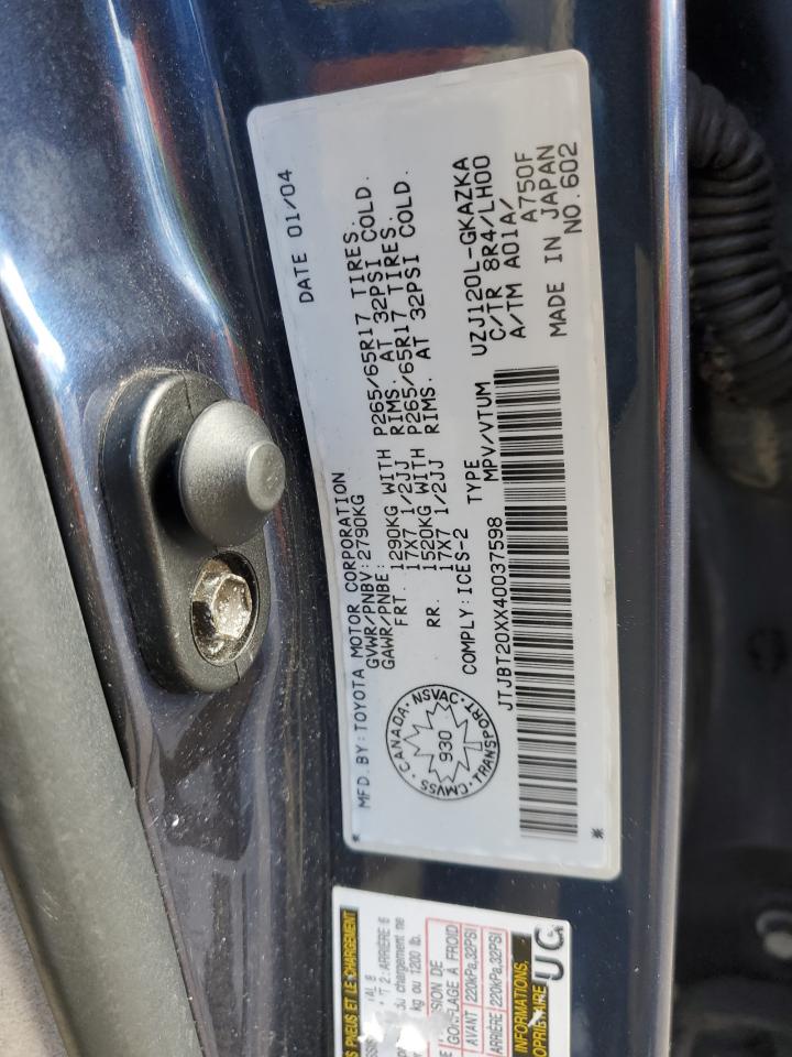 2004 Lexus Gx 470 VIN: JTJBT20XX40037598 Lot: 49272545