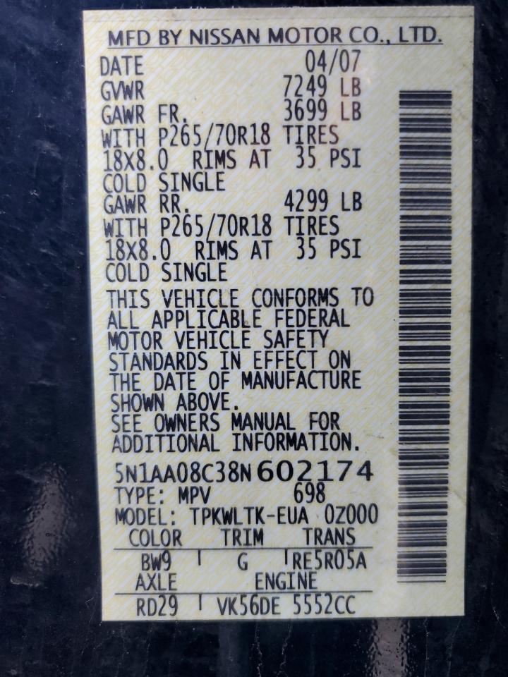 2008 Nissan Armada Se VIN: 5N1AA08C38N602174 Lot: 60193505