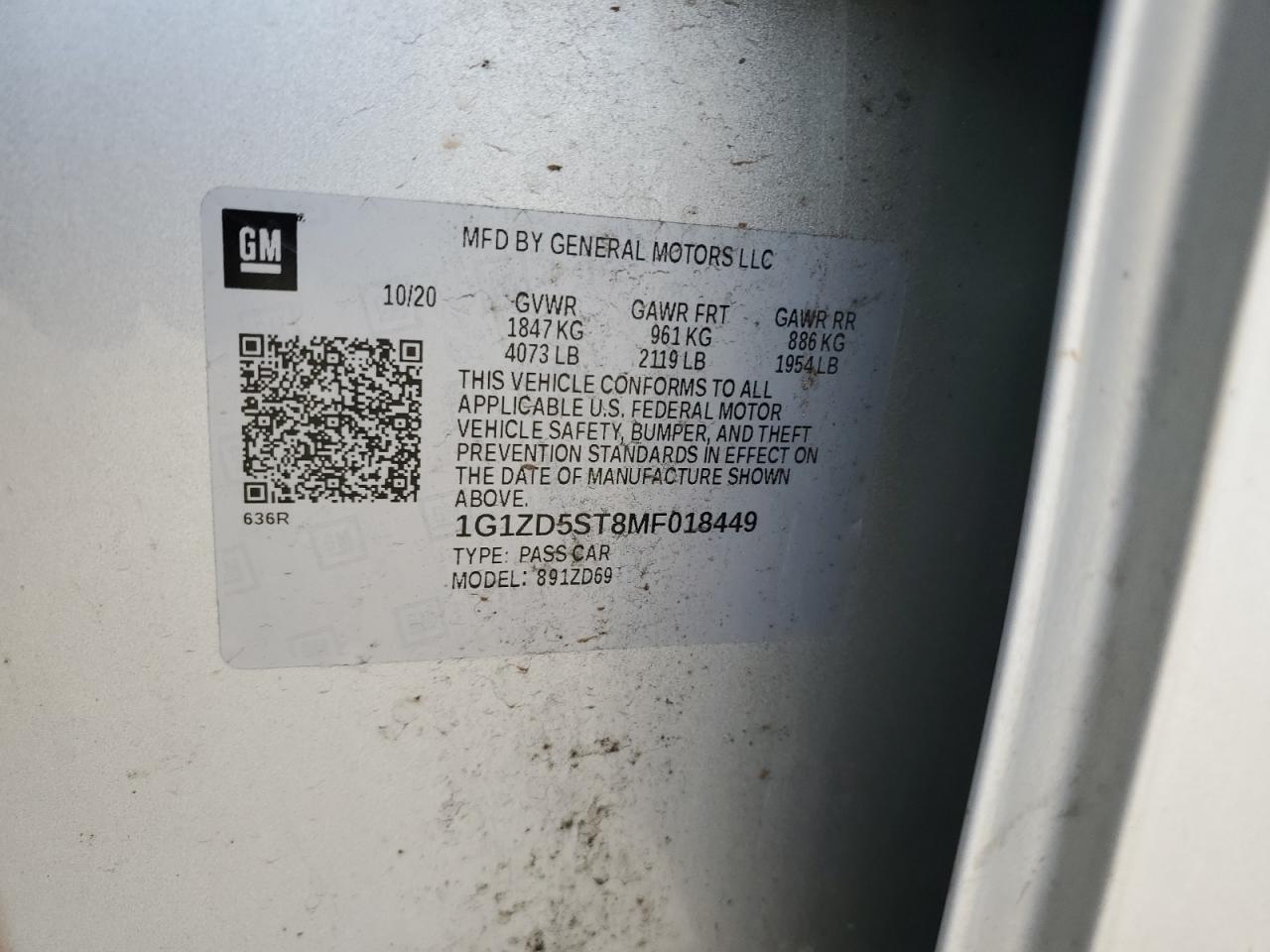 2021 Chevrolet Malibu Lt VIN: 1G1ZD5ST8MF018449 Lot: 47484335