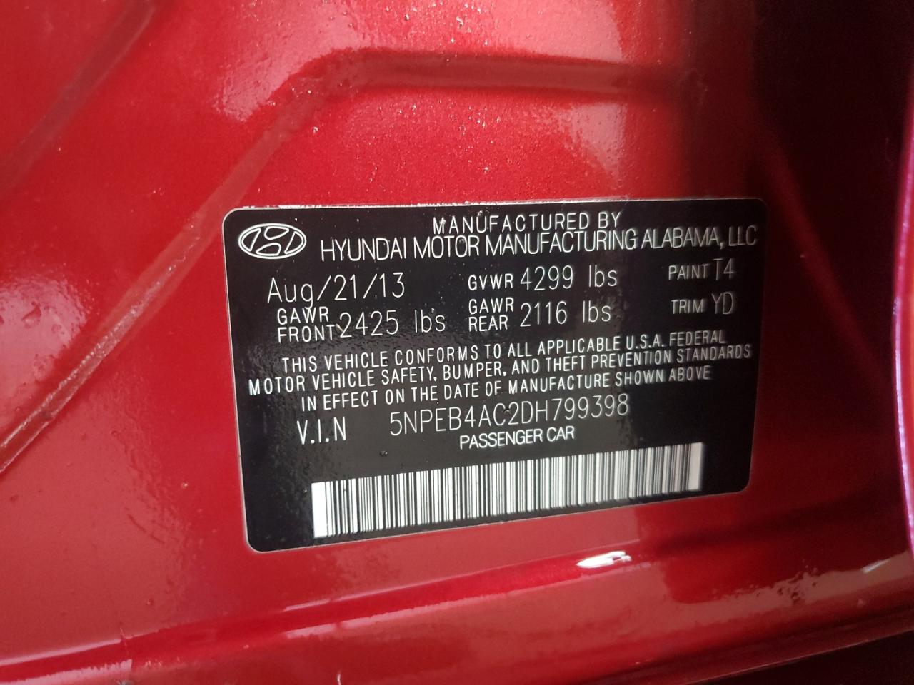 2013 Hyundai Sonata Gls VIN: 5NPEB4AC2DH799398 Lot: 50966975