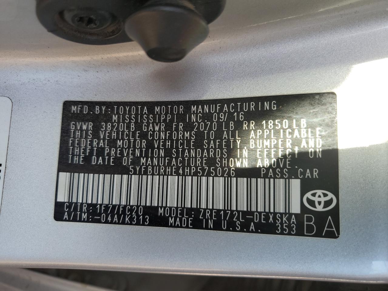 2017 Toyota Corolla L VIN: 5YFBURHE4HP575026 Lot: 50098735
