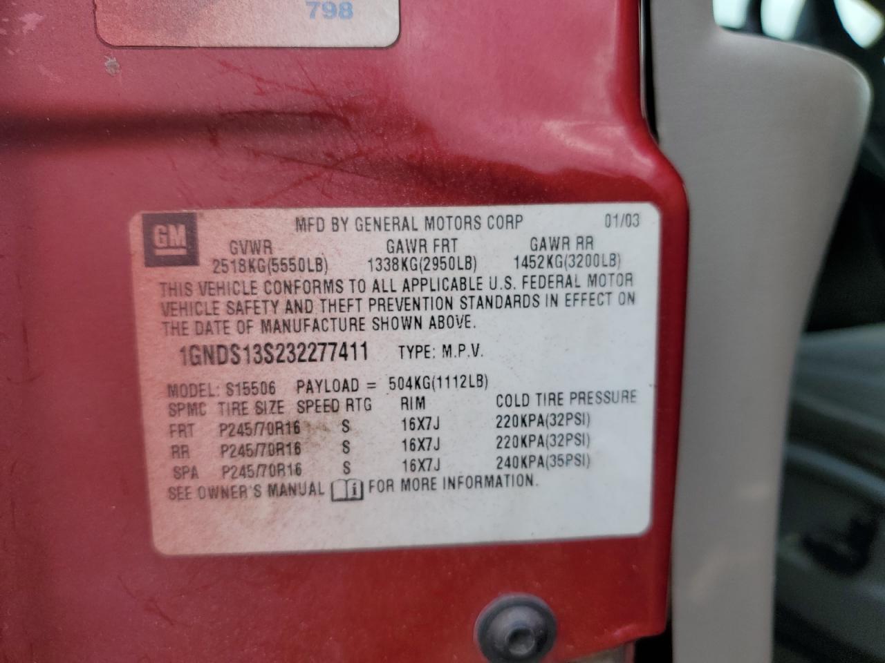 2003 Chevrolet Trailblazer VIN: 1GNDS13S232277411 Lot: 54660295