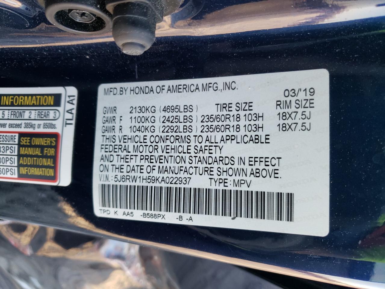 2019 Honda Cr-V Ex VIN: 5J6RW1H59KA022937 Lot: 50441575
