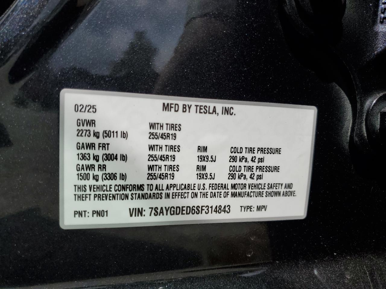2025 Tesla Model Y VIN: 7SAYGDED6SF314843 Lot: 50717565