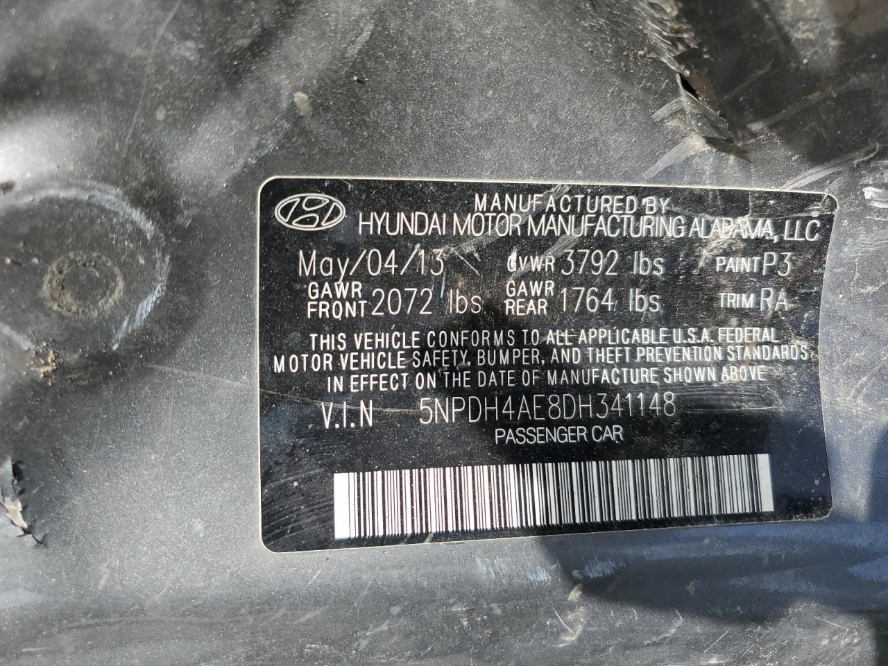 2013 Hyundai Elantra Gls VIN: 5NPDH4AE8DH341148 Lot: 51145645