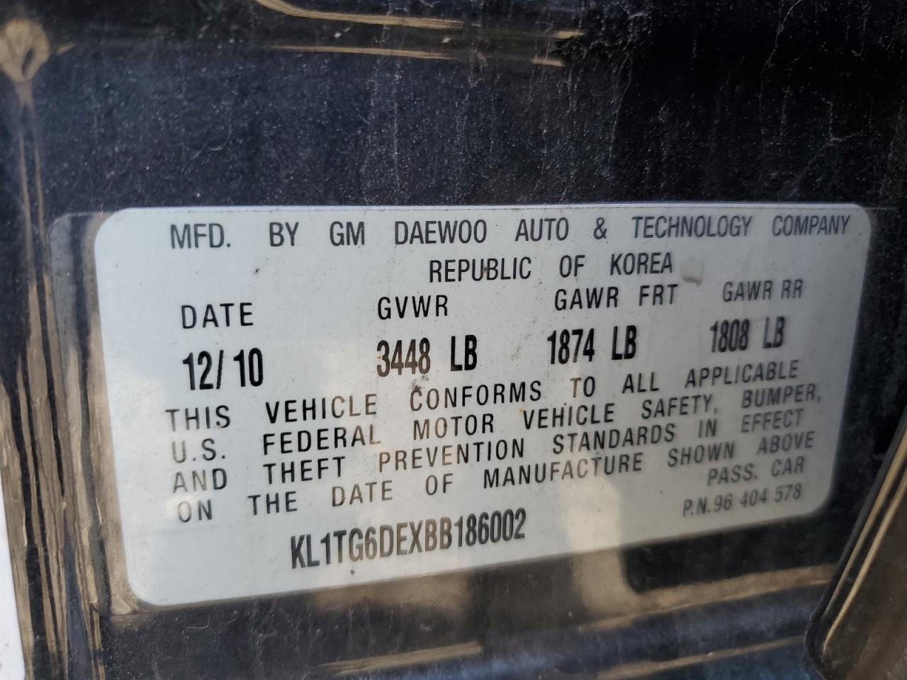 2011 Chevrolet Aveo Lt VIN: KL1TG6DEXBB186002 Lot: 47571765