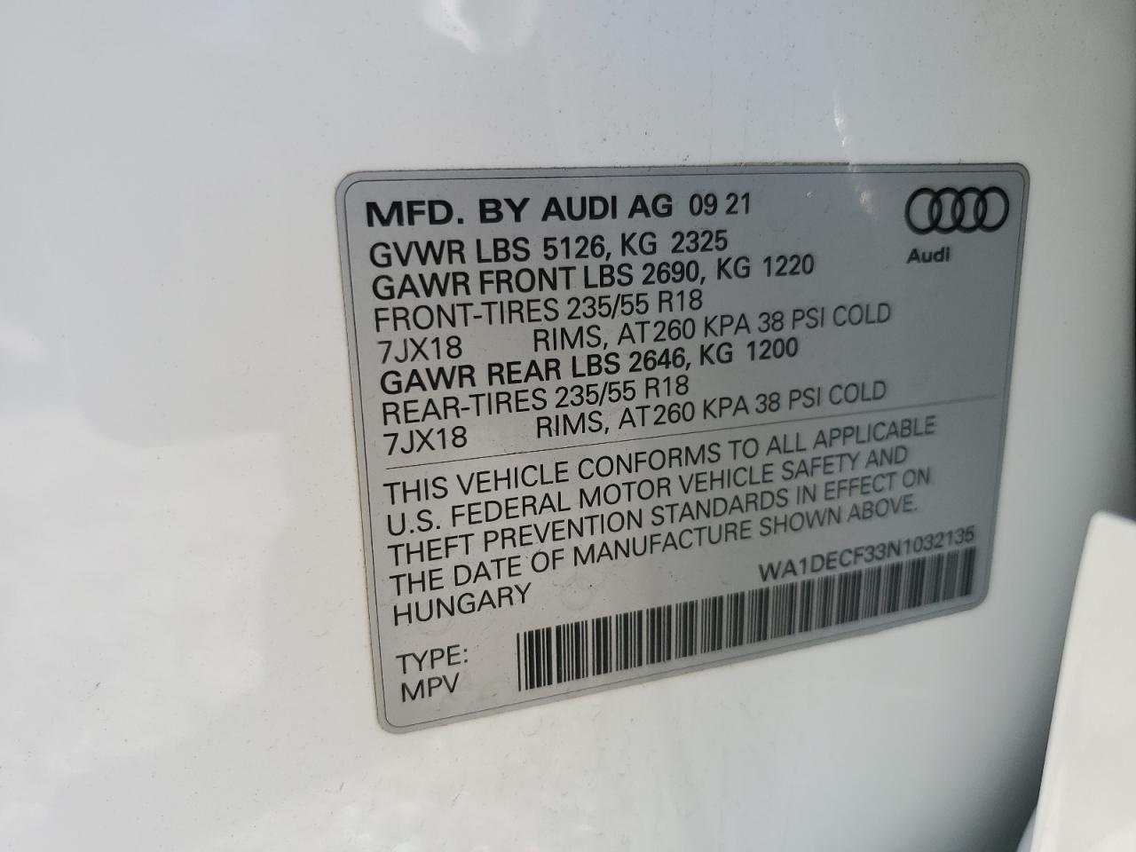 2022 Audi Q3 Premium S Line 45 VIN: WA1DECF33N1032135 Lot: 48545255