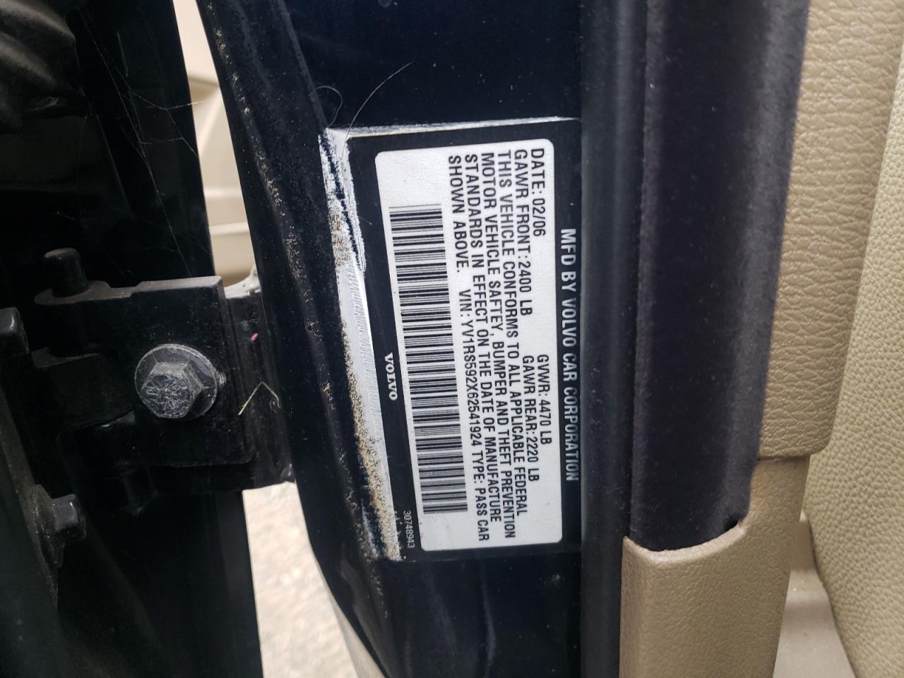 2006 Volvo S60 2.5T VIN: YV1RS592X62541924 Lot: 48367885