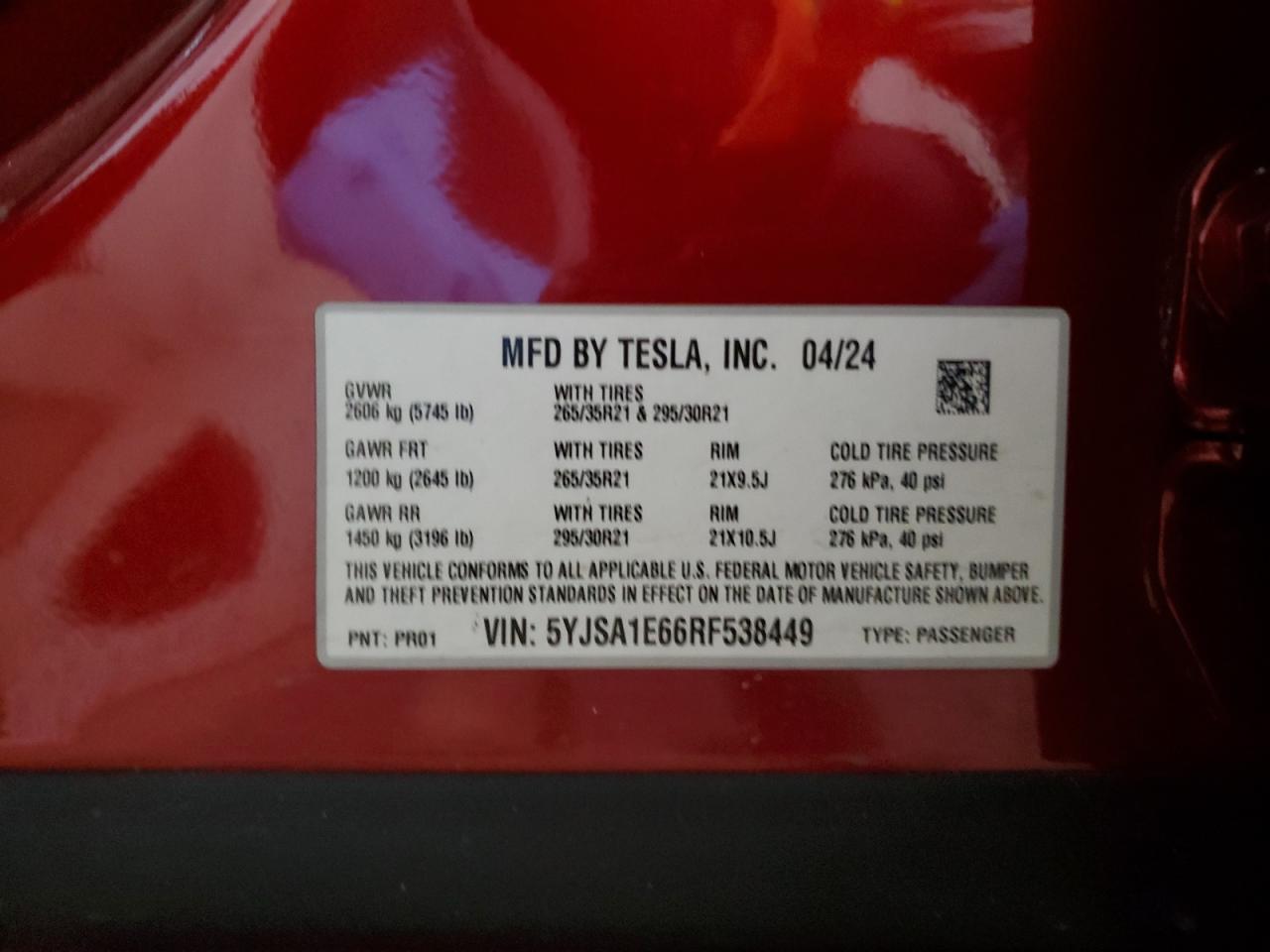 5yjsa1e66rf538449 5YJSA1E66RF538449 2024 Tesla Model S