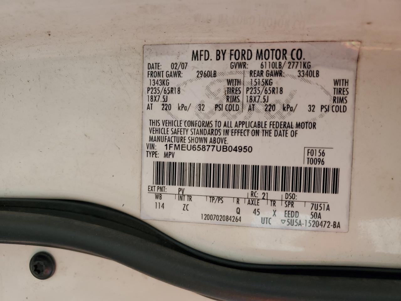 2007 Ford Explorer Limited VIN: 1FMEU65877UB04950 Lot: 49325205