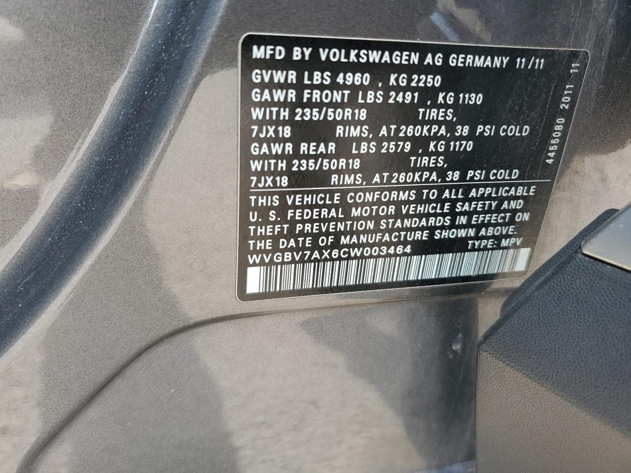 2012 Volkswagen Tiguan S VIN: WVGBV7AX6CW003464 Lot: 47248275