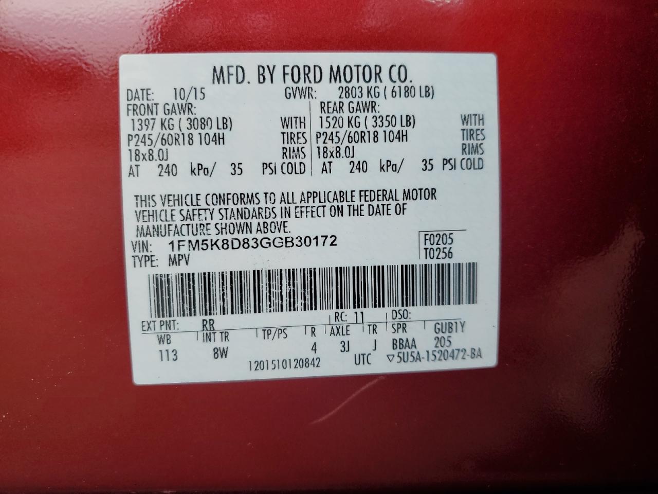 VIN: 1FM5K8D83GGB30172 2016 FORD EXPLORER