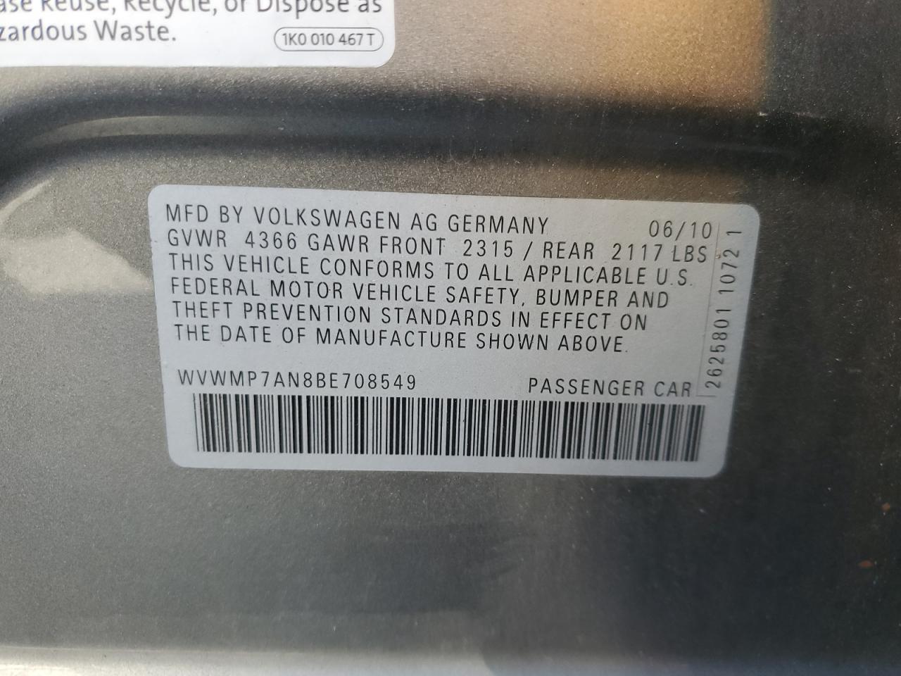 2011 Volkswagen Cc Sport VIN: WVWMP7AN8BE708549 Lot: 49947505