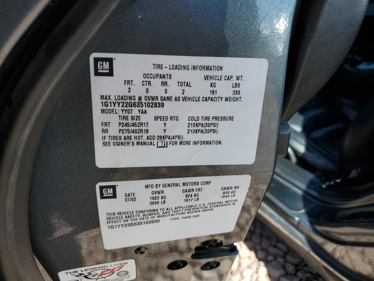 2003 Chevrolet Corvette VIN: 1G1YY22G635102839 Lot: 48801535