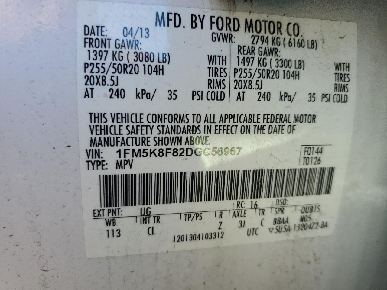 2013 Ford Explorer Limited VIN: 1FM5K8F82DGC56967 Lot: 49578095