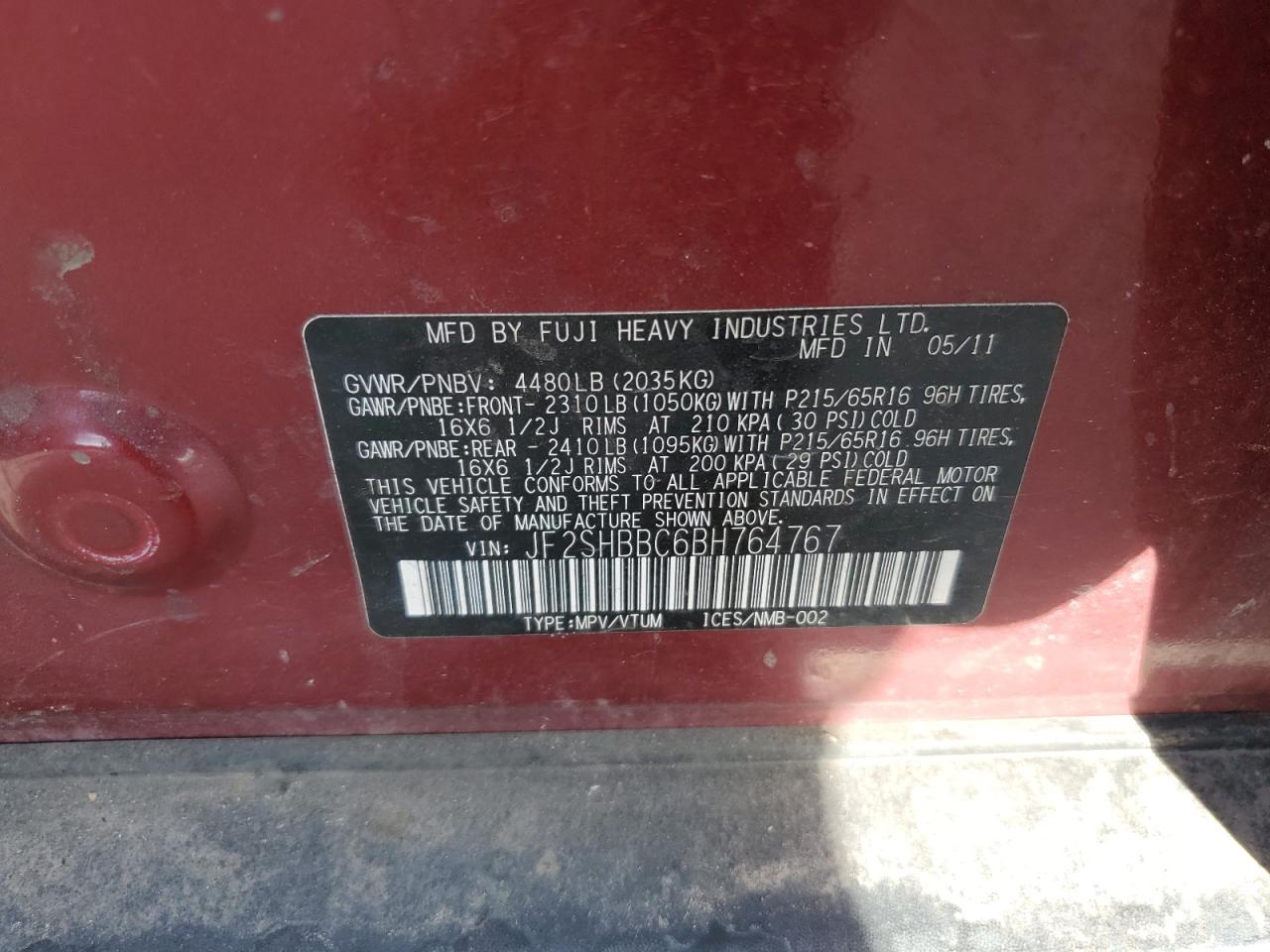 2011 Subaru Forester 2.5X VIN: JF2SHBBC6BH764767 Lot: 49809025