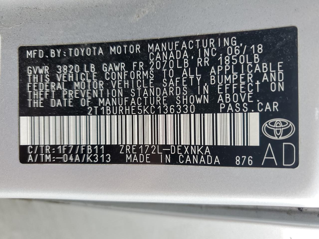 2019 Toyota Corolla L VIN: 2T1BURHE5KC136330 Lot: 48595785