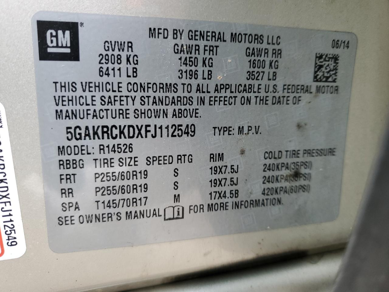 2015 Buick Enclave VIN: 5GAKRCKDXFJ112549 Lot: 49571775