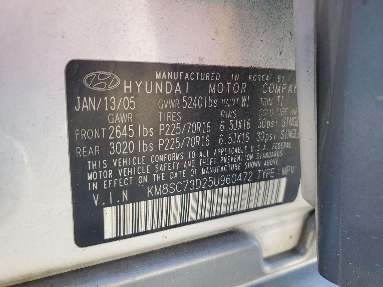 2005 Hyundai Santa Fe Gls VIN: KM8SC73D25U960472 Lot: 50815705