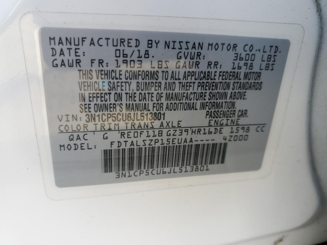 2018 Nissan Kicks S VIN: 3N1CP5CU6JL513801 Lot: 51061795