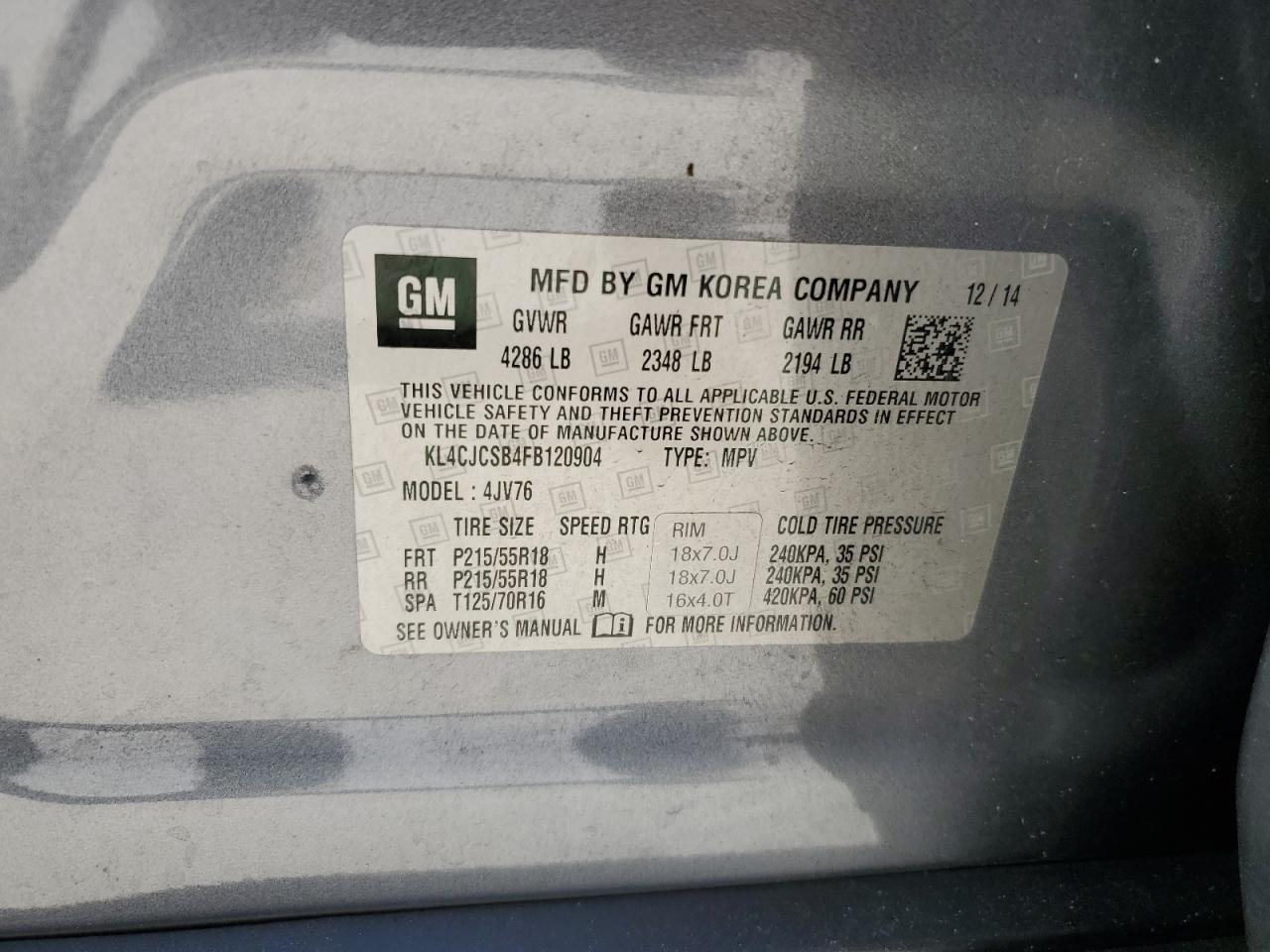 2015 BUICK ENCORE with REAR END damage, VIN KL4CJCSB4FB120904