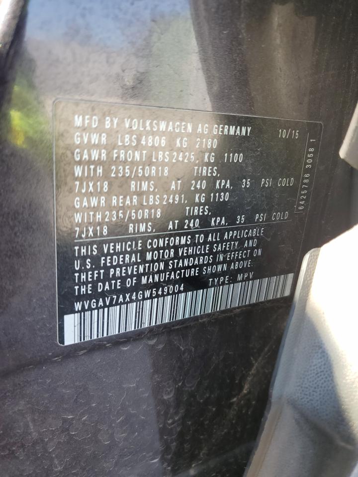 2016 Volkswagen Tiguan S VIN: WVGAV7AX4GW549004 Lot: 48289145