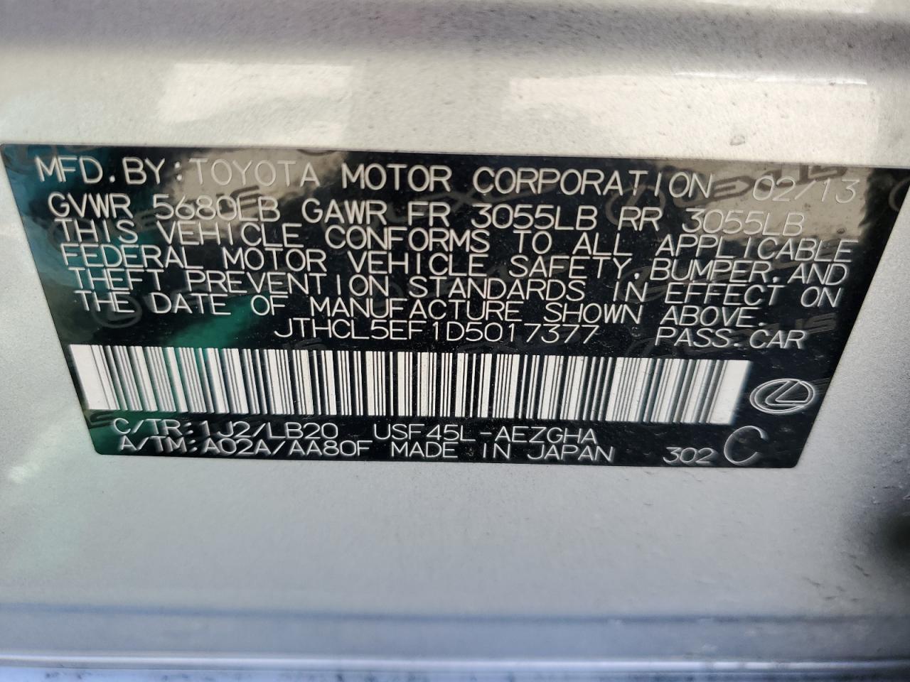 2013 Lexus Ls 460 VIN: JTHCL5EF1D5017377 Lot: 48390465