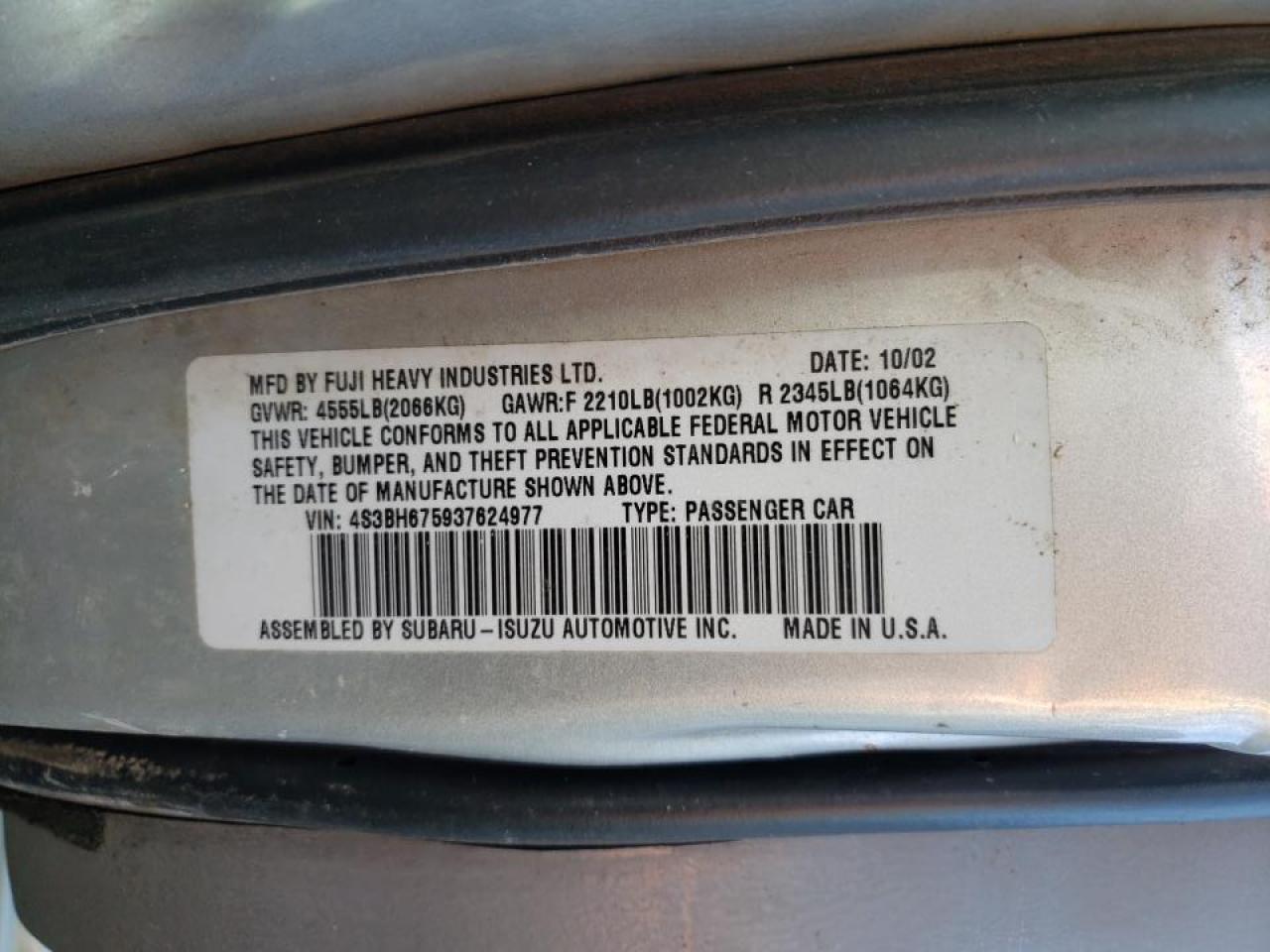 2003 Subaru Legacy Outback Awp VIN: 4S3BH675937624977 Lot: 47439935