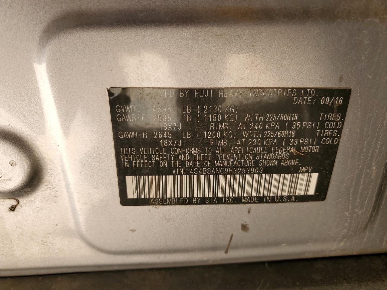 2017 Subaru Outback 2.5I Limited VIN: 4S4BSANC9H3253903 Lot: 48376435