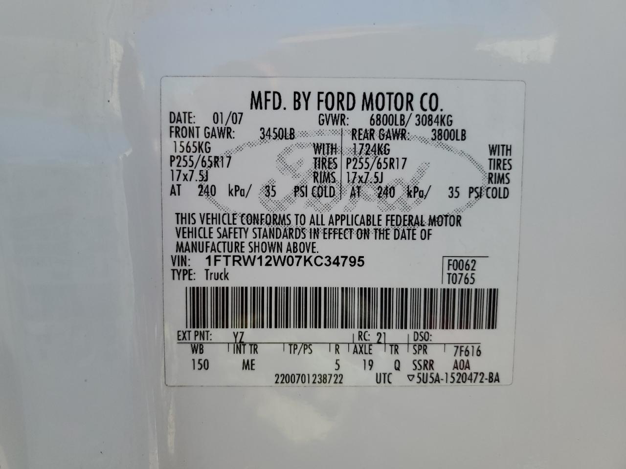 2007 Ford F150 Supercrew VIN: 1FTRW12W07KC34795 Lot: 49532875