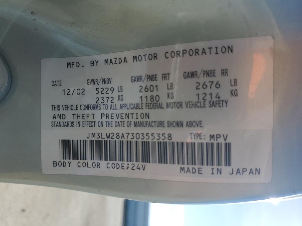 2003 Mazda Mpv Wagon VIN: JM3LW28A730355358 Lot: 47406455