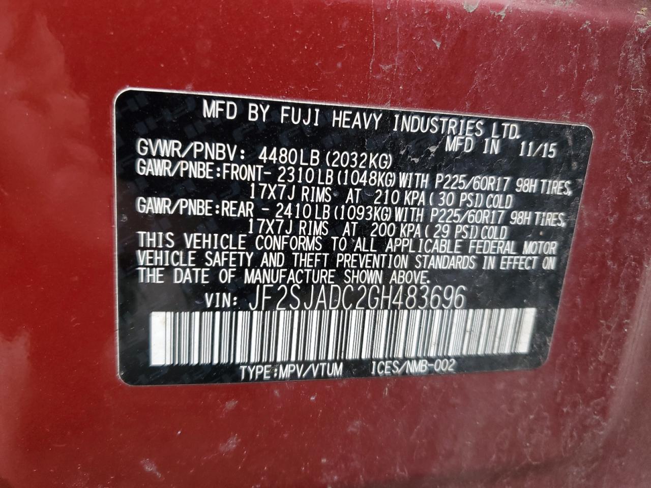 2016 Subaru Forester 2.5I Premium VIN: JF2SJADC2GH483696 Lot: 47251555