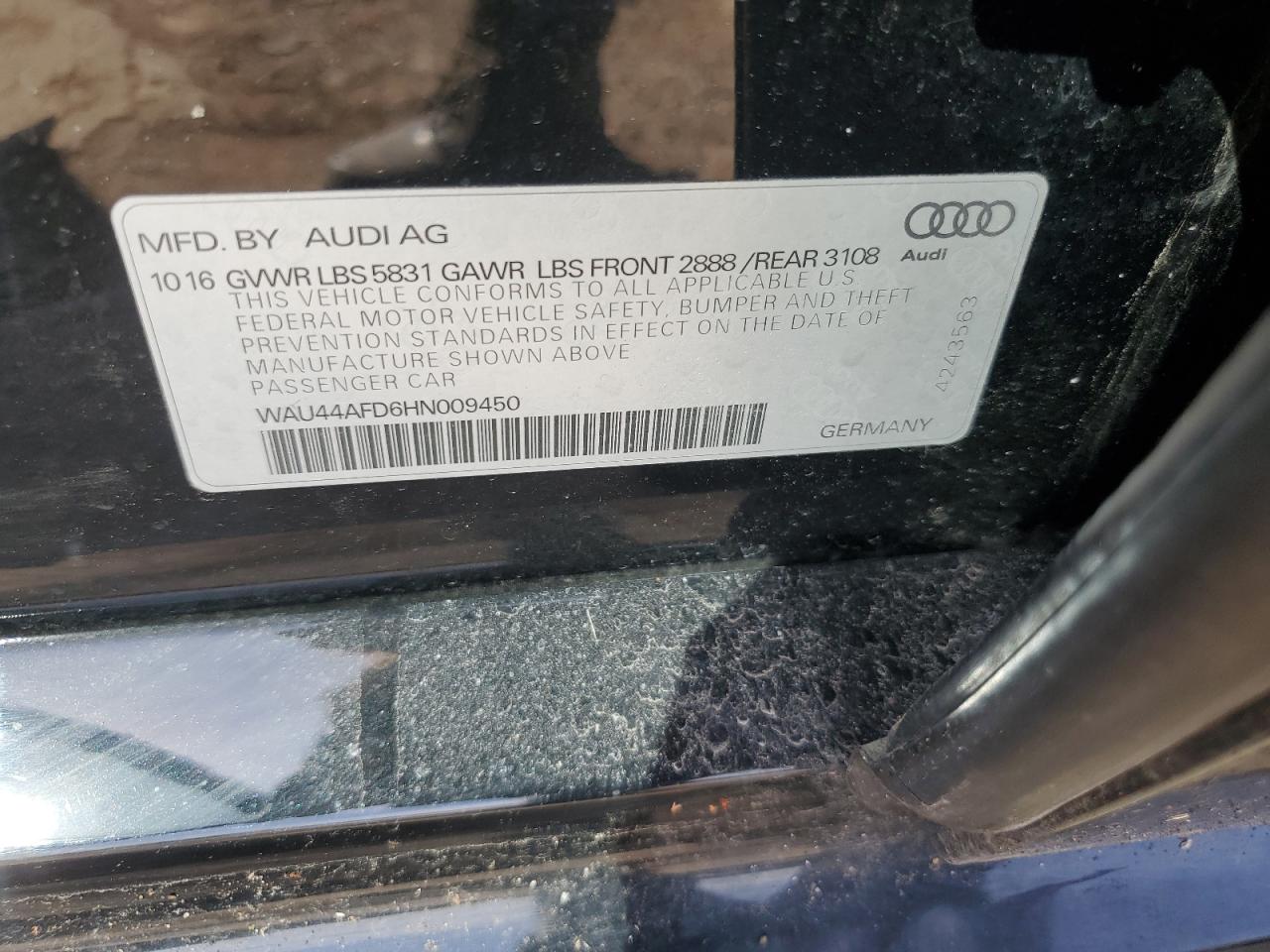 2017 Audi A8 L Quattro VIN: WAU44AFD6HN009450 Lot: 49825685