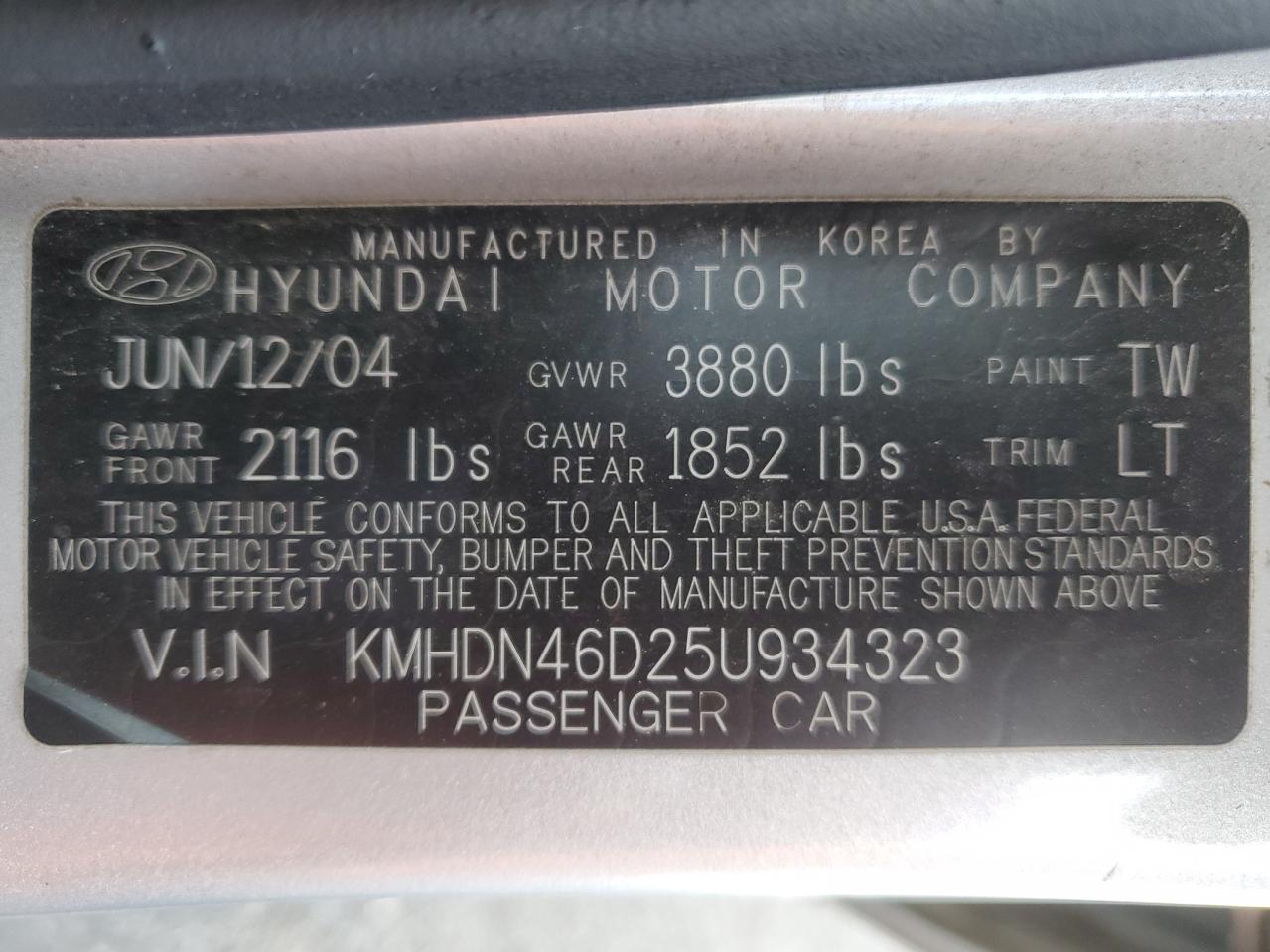2005 Hyundai Elantra Gls VIN: KMHDN46D25U934323 Lot: 50057085