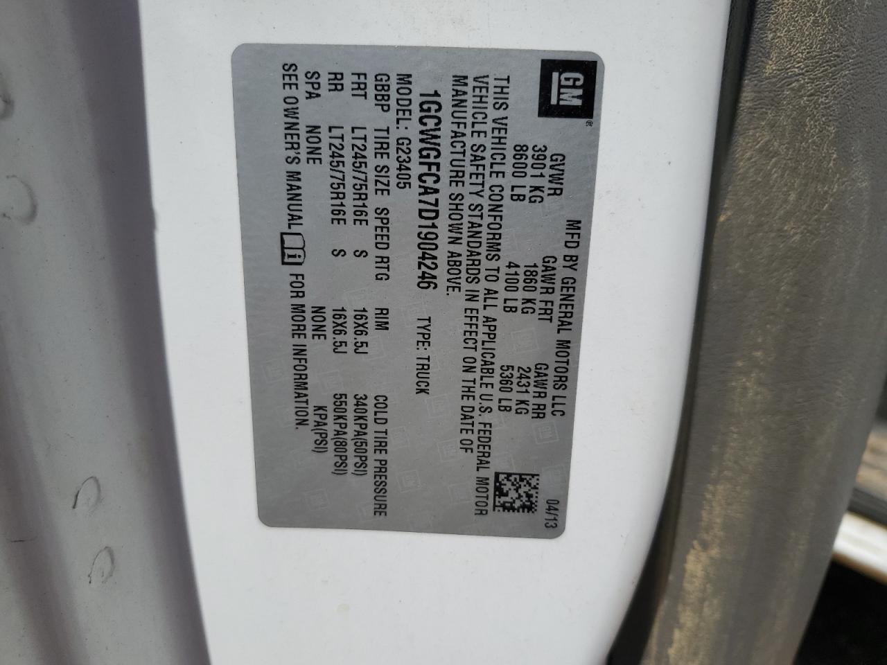 2013 Chevrolet Express G2500 VIN: 1GCWGFCA7D1904246 Lot: 47970365